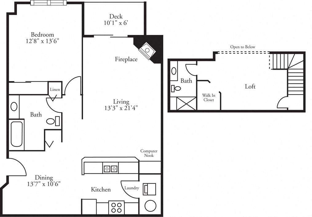 Floor plan for 1 bed, 2 baths, 1310 sqft